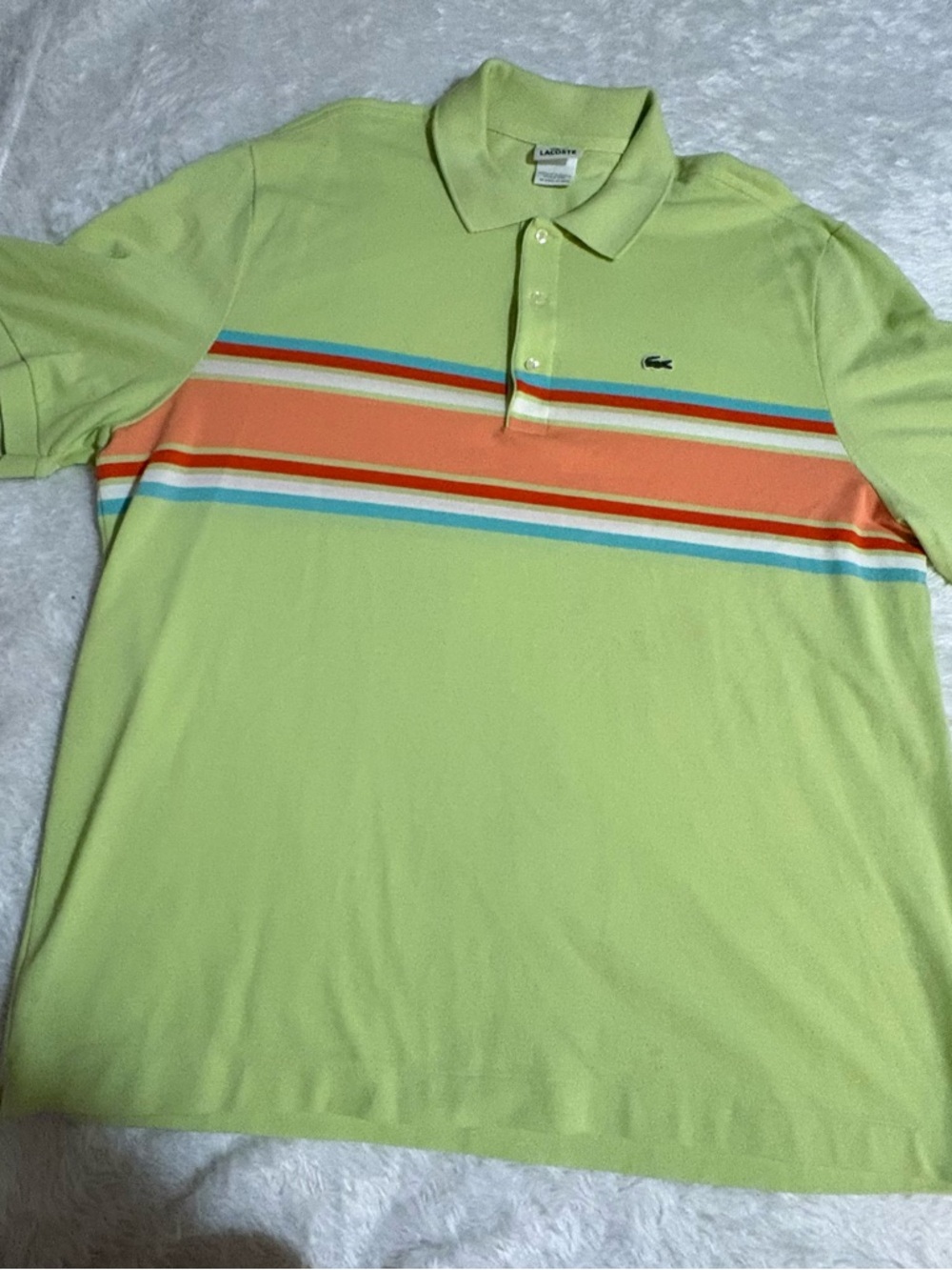 LACOSTE (8) 3XL Lime Green
Horizontal Orange Strips Short
Sleeve Polo Shirt